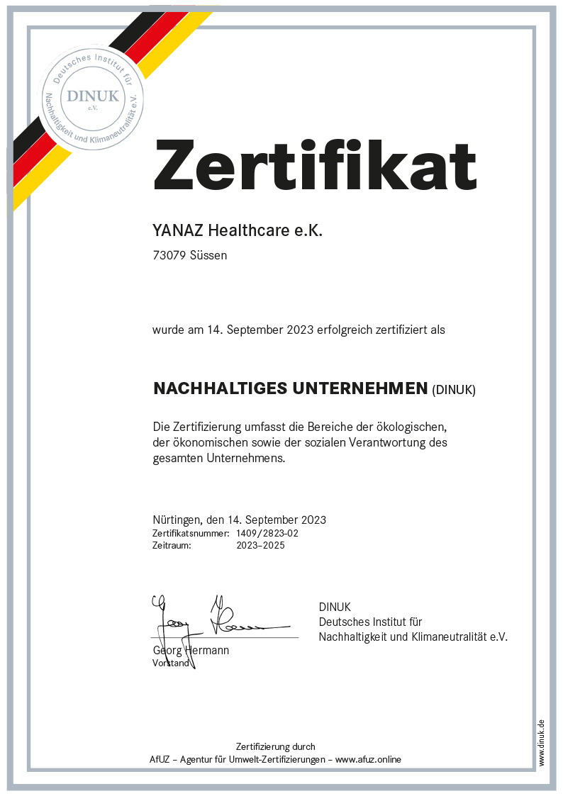 Zertifikat Yanaz Healthcare Nachhaltiges Unternehmen